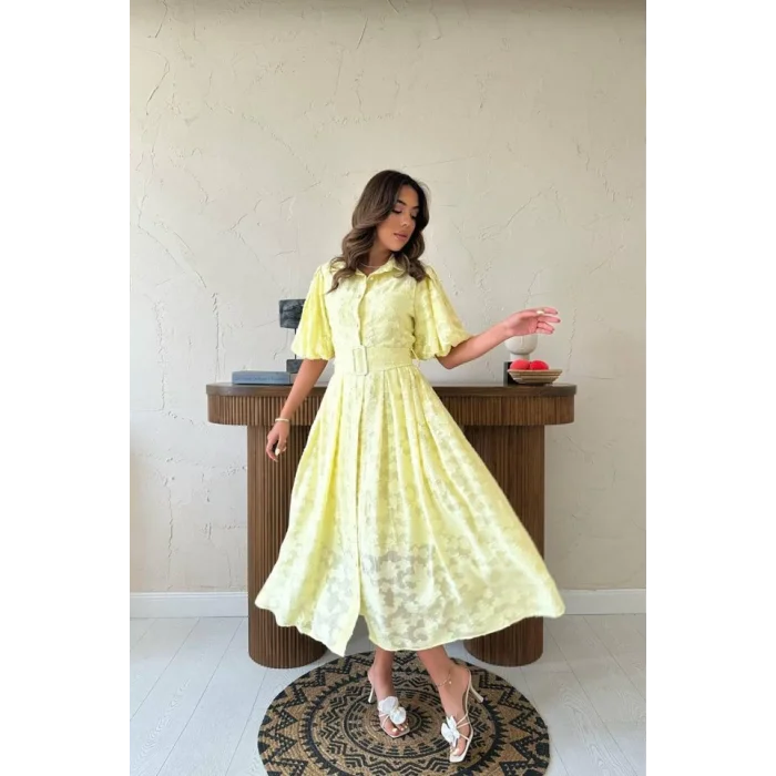 Sarı Kemerli Balon Kollu Elbise
