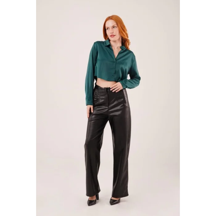 Saten Crop Model Yeşil Gömlek