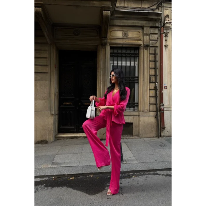 SATEN KRUVAZE BAĞLAMALI BLUZ- PANTOLON TAKIM - Fuşya
