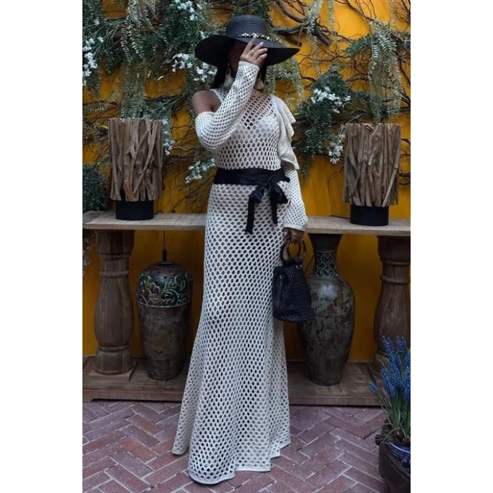 Saten Kuşaklı Ajurlu Triko Elbise 2847