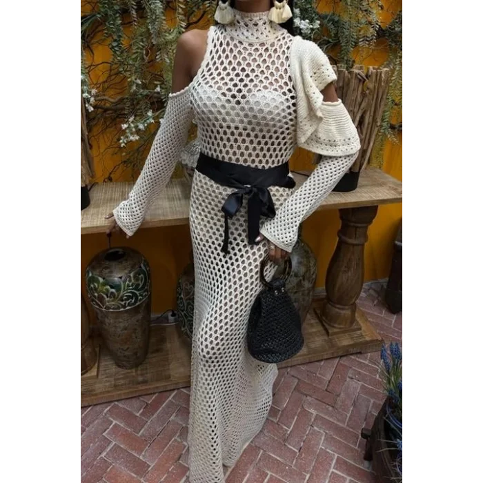 Saten Kuşaklı Ajurlu Triko Elbise 2847