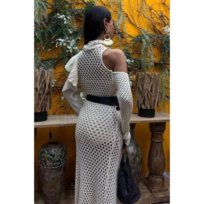 Saten Kuşaklı Ajurlu Triko Elbise 2847