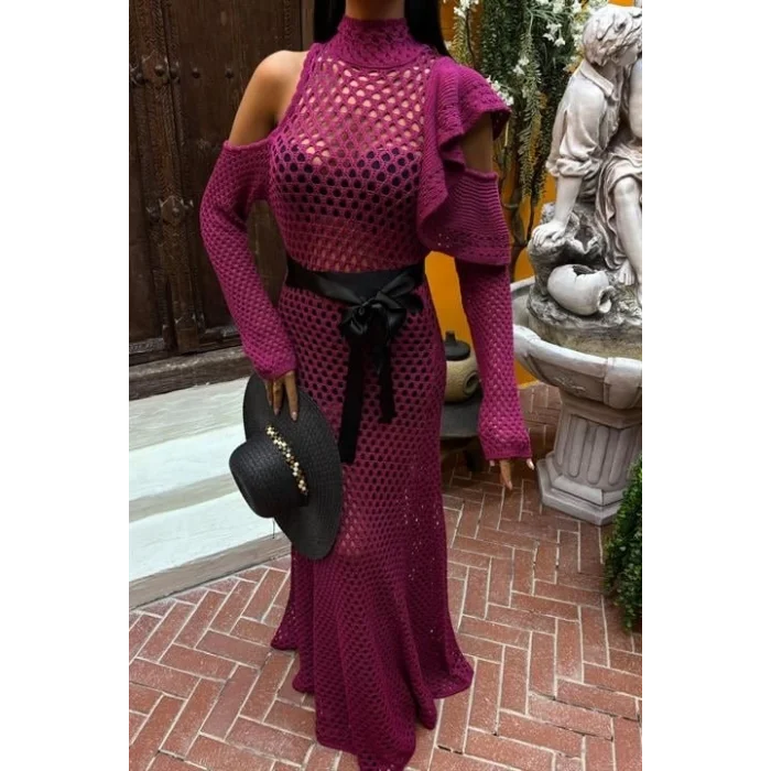 Saten Kuşaklı Ajurlu Triko Elbise 2847