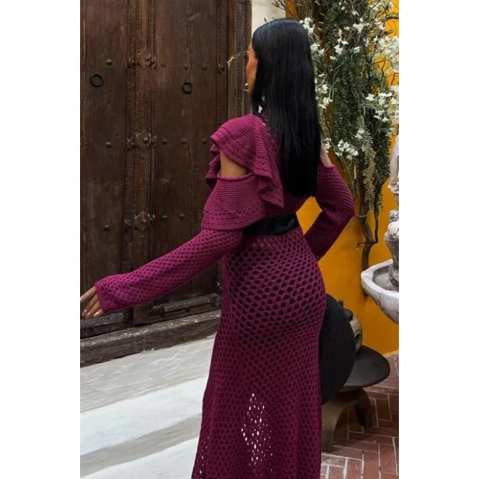 Saten Kuşaklı Ajurlu Triko Elbise 2847