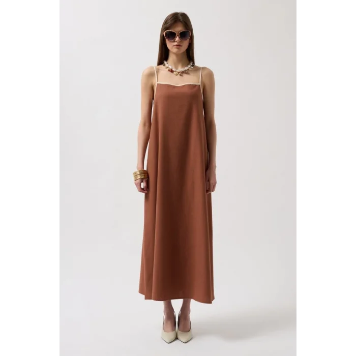 Şerit Detay Keten Maxi Elbise