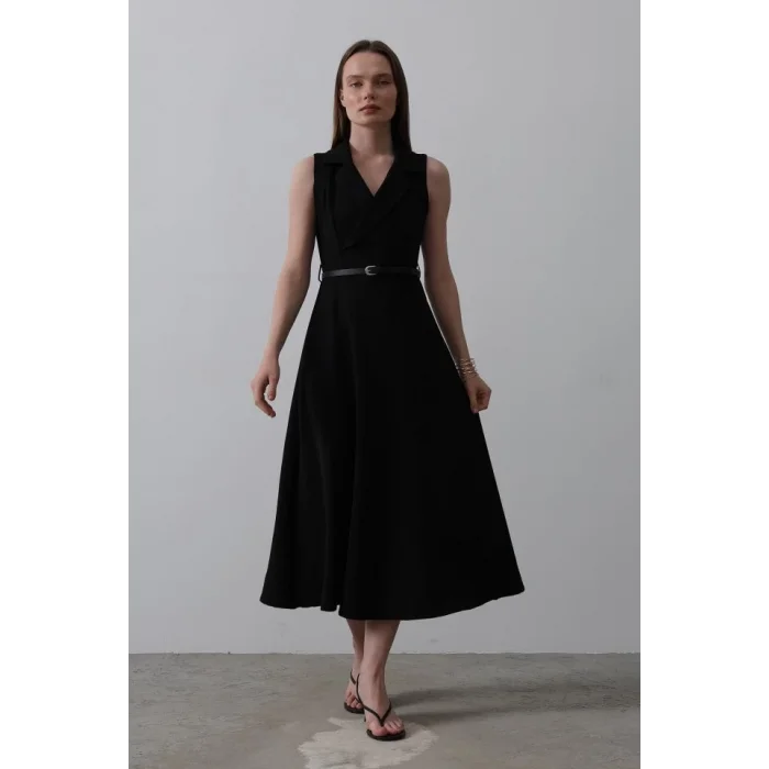 Sıfır Kollu Kemer Detaylı Elbise - Siyah