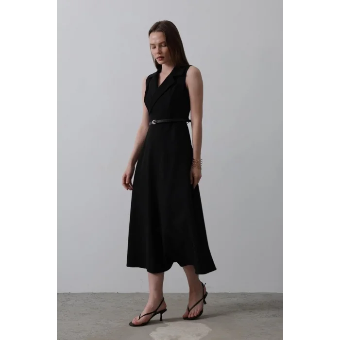 Sıfır Kollu Kemer Detaylı Elbise - Siyah
