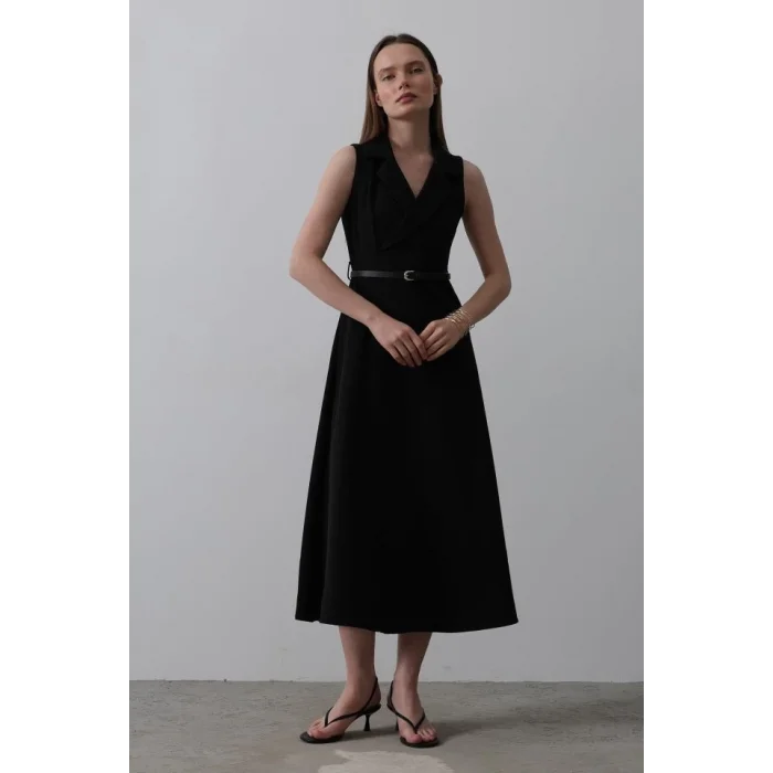 Sıfır Kollu Kemer Detaylı Elbise - Siyah