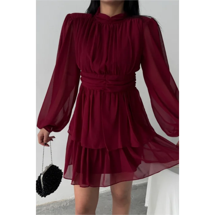 ŞİFON KATLI UZUN KOL ELBİSE - Bordo