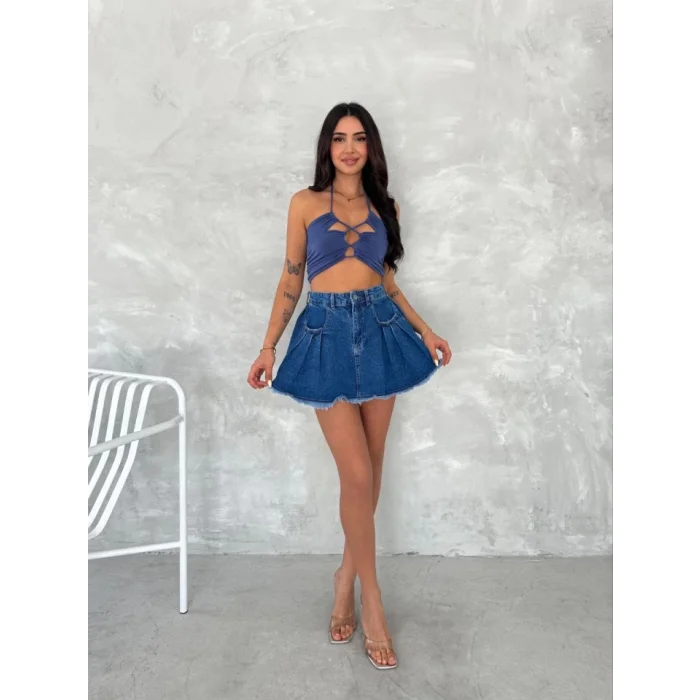 Şık Pileli Yazlık Mini Etekli Kot- Saks Mavisi