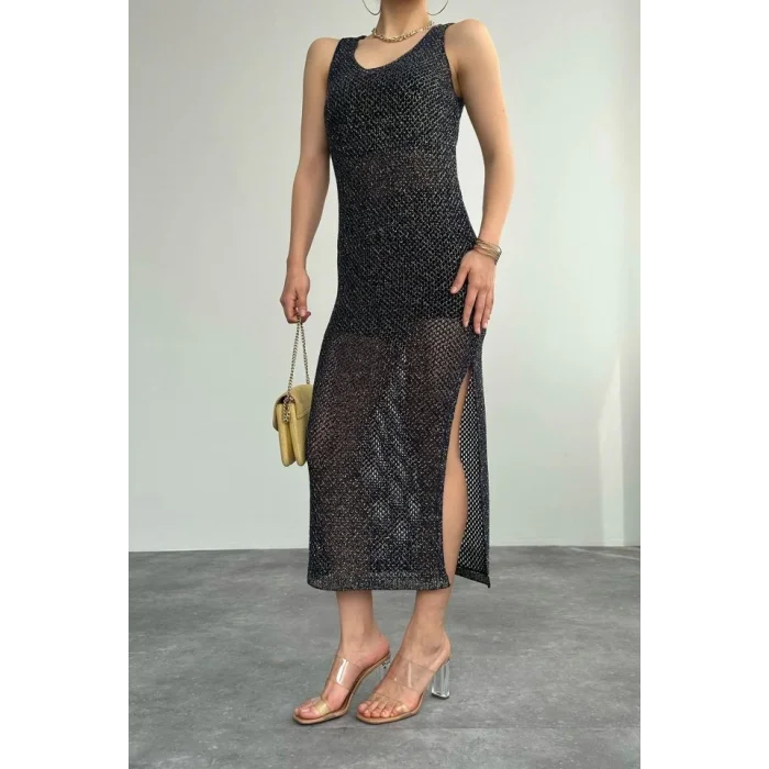 Simli Ajurlu Uzun Elbise - Lacivert-Sarı