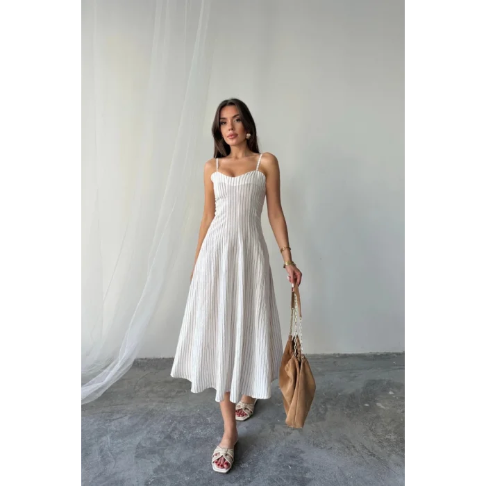 SİMLİ ÇİZGİLİ ASKILI ELBİSE MİDİ BOY - Kahverengi