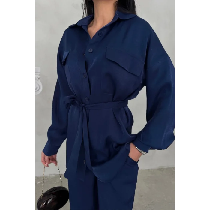 SİMLİ KUMAŞ SALAŞ PANTOLON - GÖMLEK TAKIM - Lacivert