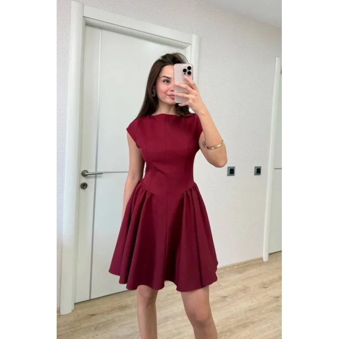 Sırt Dekolteli Çan Detaylı Mini Elbise - Bordo