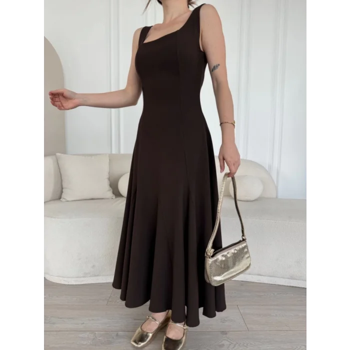 Sırt Dekolteli Kolsuz Uzun Elbise - Kahverengi