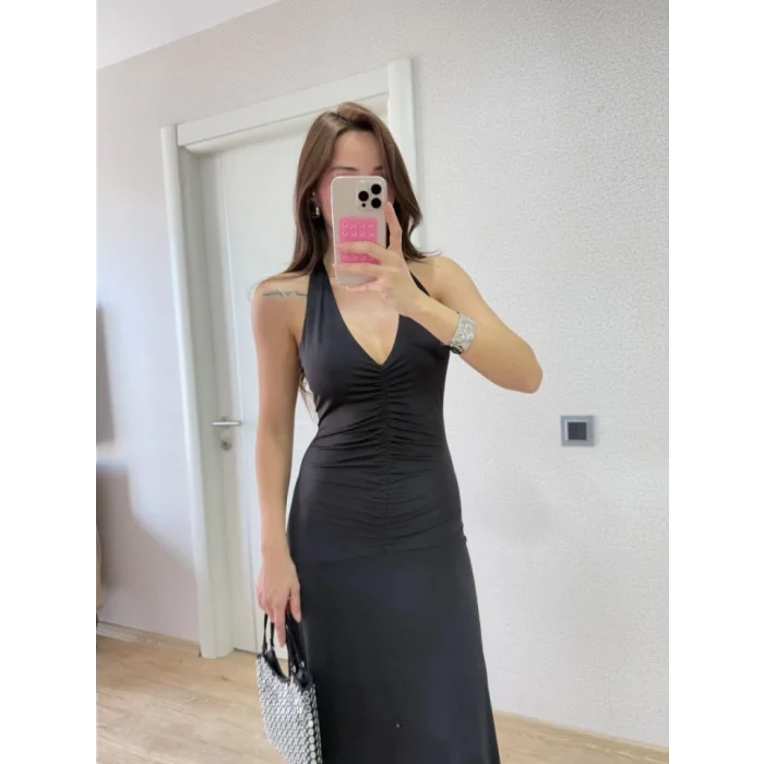 Sırt Dekolteli Uzun Kollu Elbise - Siyah