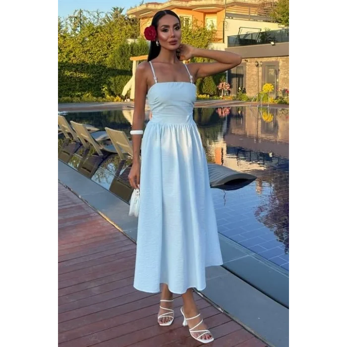 Sırtı Çapraz İpli Boncuk Detaylı Elbise 2902-08