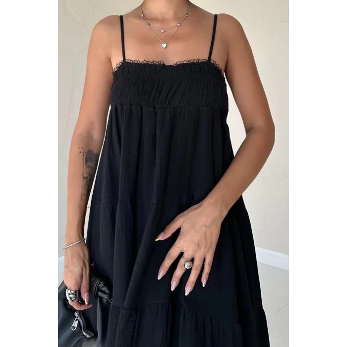 Siyah Askılı Parçalı Müslin Elbise