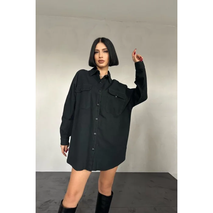 Siyah Çift Cep Kapaklı Çıtçıtlı Gömlek