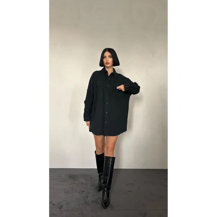 Siyah Çift Cep Kapaklı Çıtçıtlı Gömlek