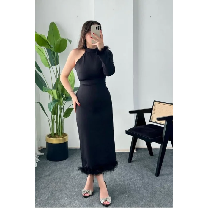 Siyah Eteği Tüllü Tek Kol Elbise
