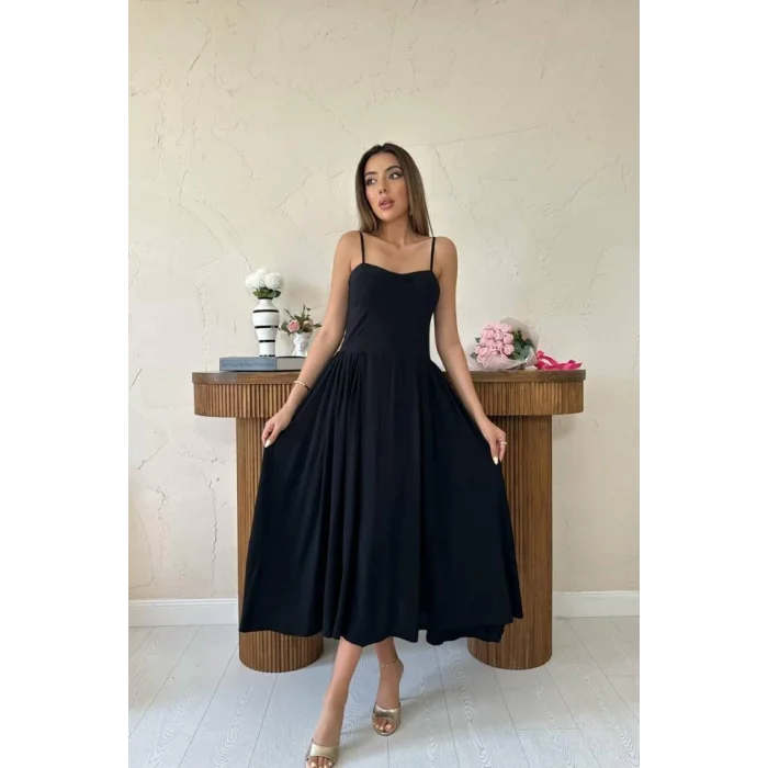 Siyah Göğüs Kuplu Uzun Büzgülü Elbise