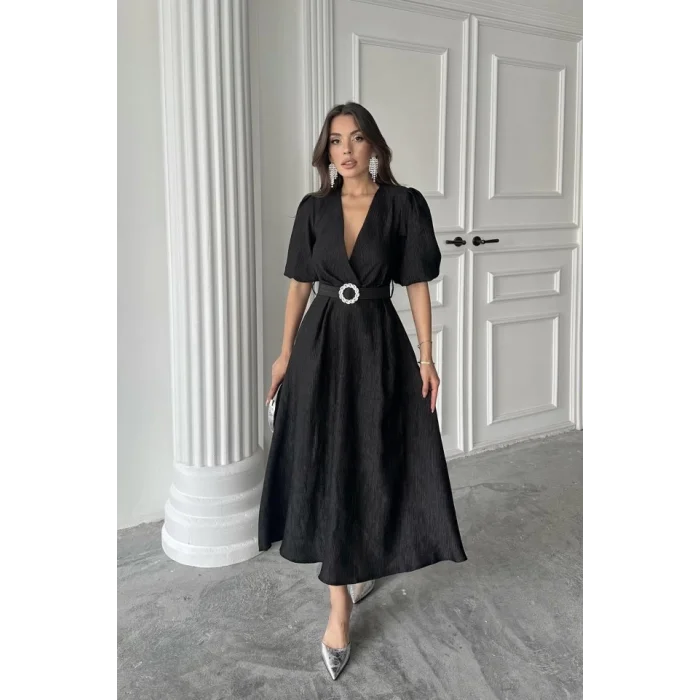 Siyah Işıltılı Kemerli Kruvaze Elbise