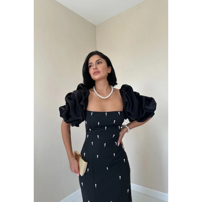 Siyah İşlemeli Kolu Garnili Elbise