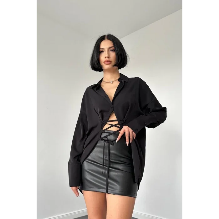 Siyah Jesica Parçalı Bağcıklı Gömlek