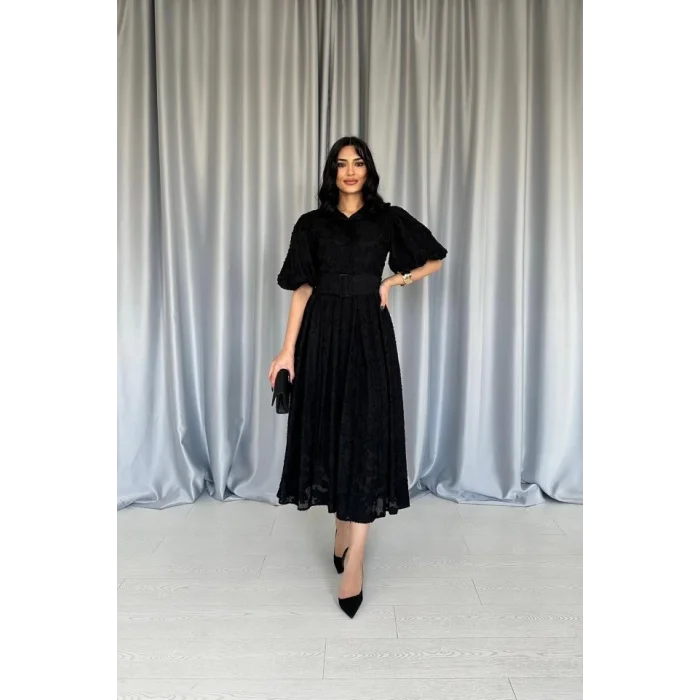 Siyah Kemerli Balon Kollu Elbise