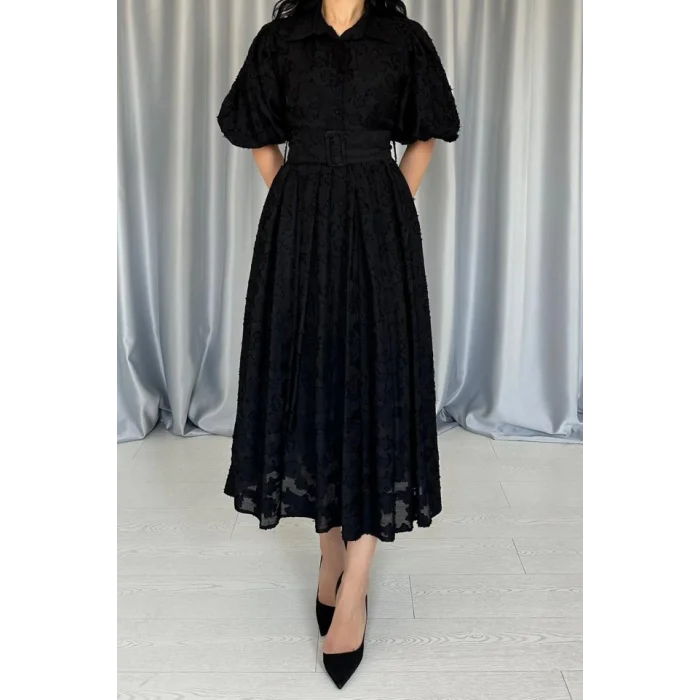 Siyah Kemerli Balon Kollu Elbise