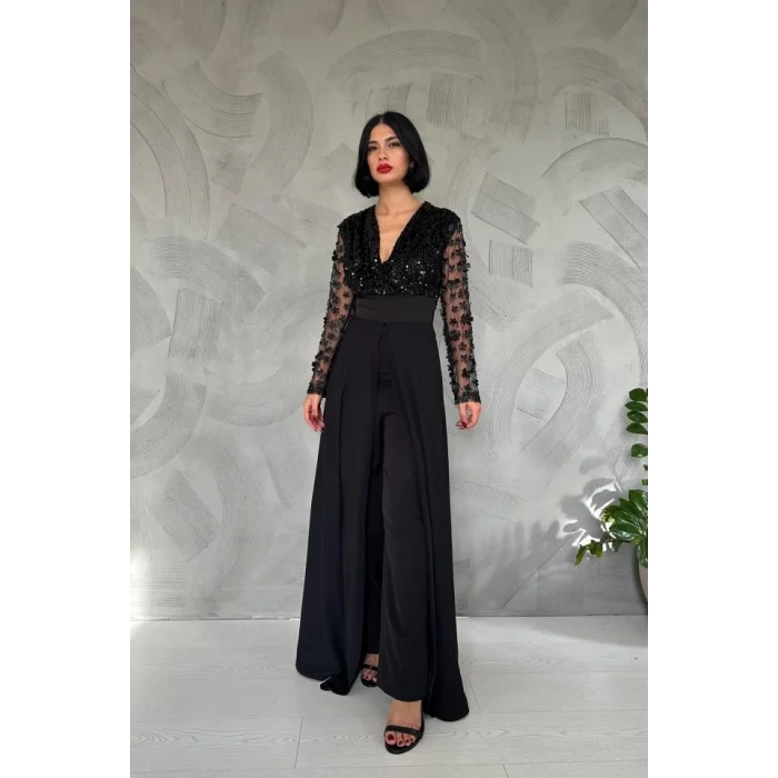 Siyah Kolları Tül Etekli Tulum