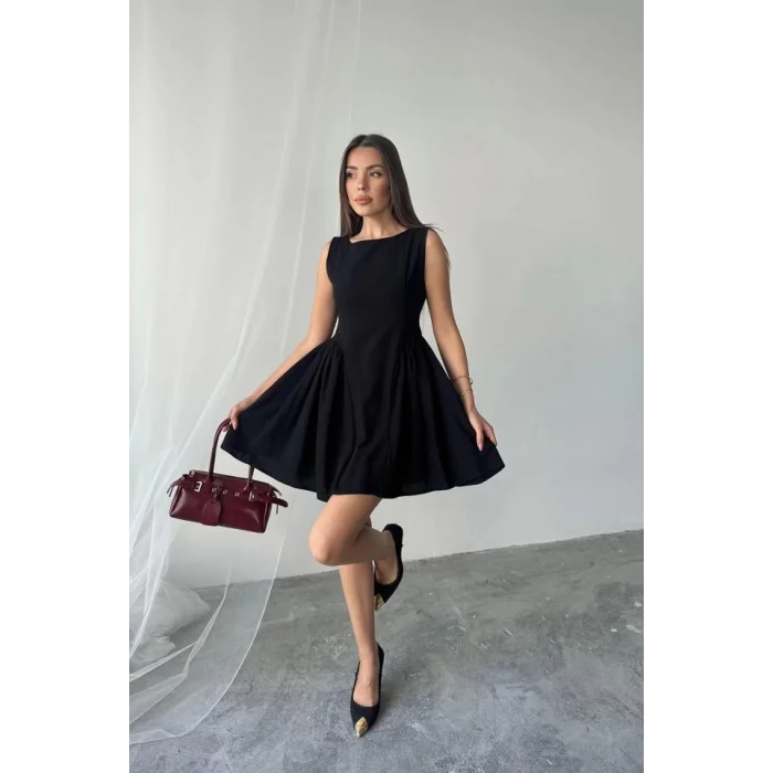 Siyah Mini Boy Büzgülü Keten Elbise