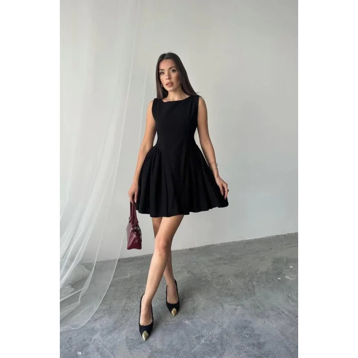 Siyah Mini Boy Büzgülü Keten Elbise