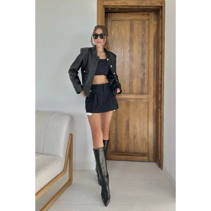 Siyah Önü Düğme Kapamalı Deri Ceket