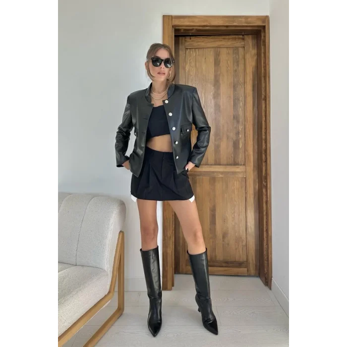 Siyah Önü Düğme Kapamalı Deri Ceket