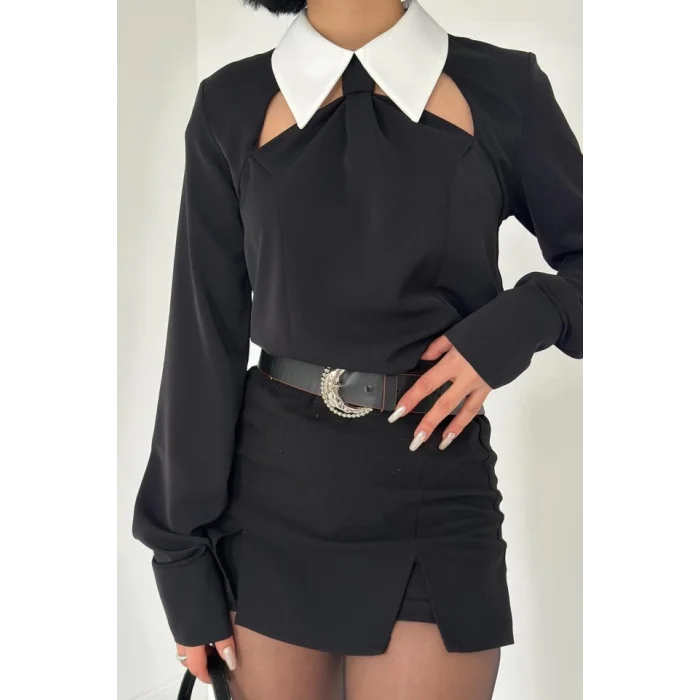 Siyah Önü Kravat Detaylı Bluz