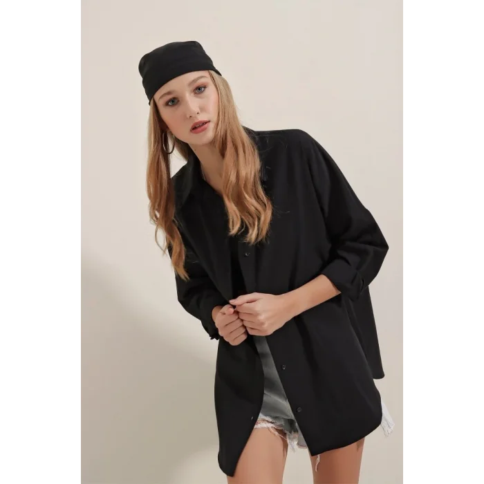 Siyah Oversize Uzun Basic Gömlek 3900