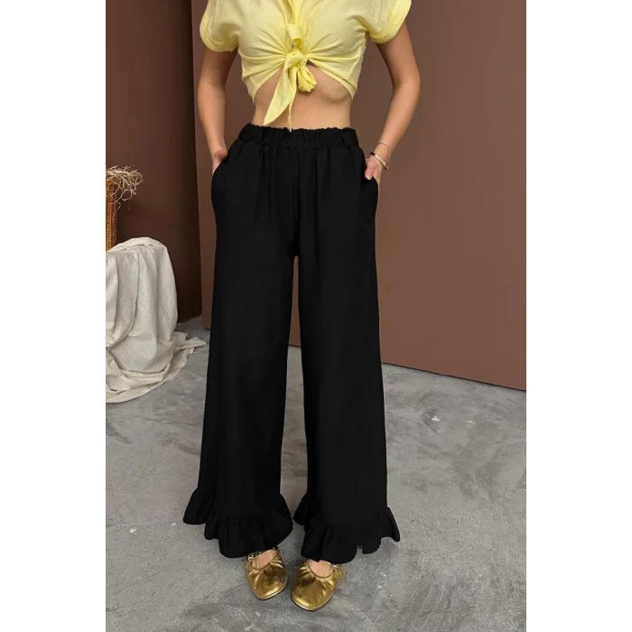 Siyah Paçası Fırfırlı Keten Pantolon