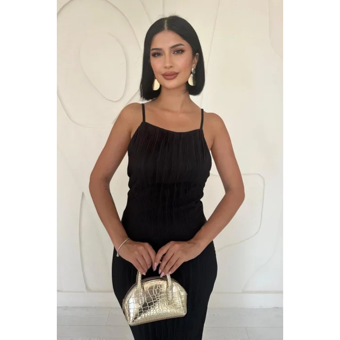 Siyah Piliseli Halter Boyun Elbise