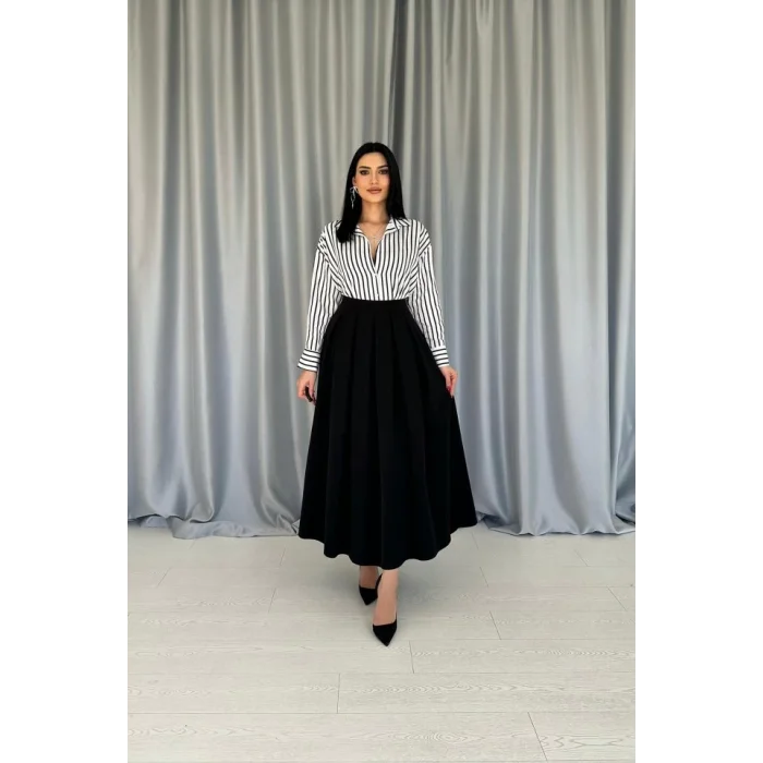 Siyah Uzun Pileli Etek