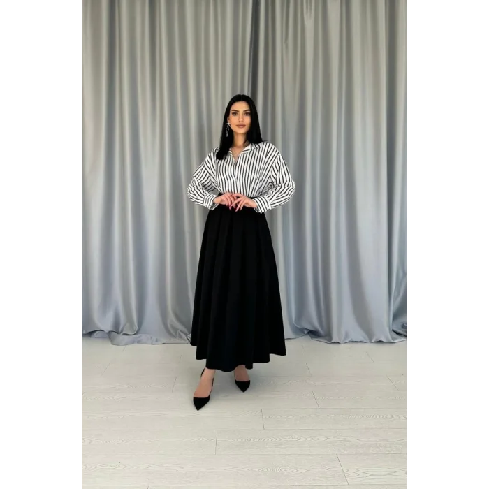 Siyah Uzun Pileli Etek