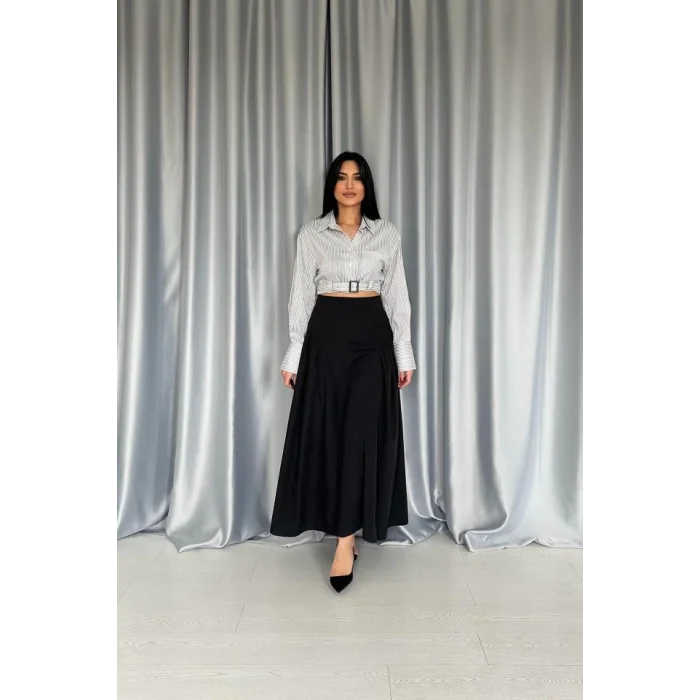 Siyah Yanları Büzgülü Uzun Etek