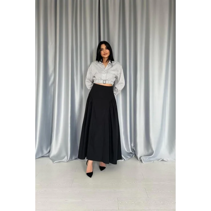 Siyah Yanları Büzgülü Uzun Etek