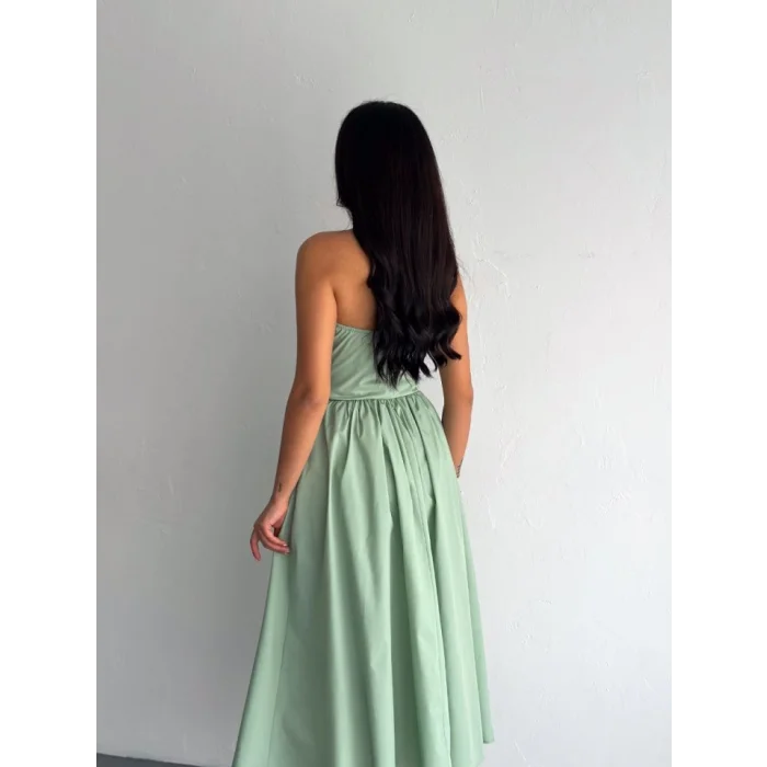 Straplez Pileli Elbise - Su Yeşili