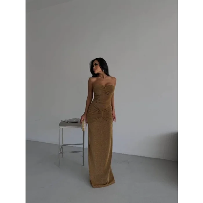 Straplez Simli Uzun Elbise