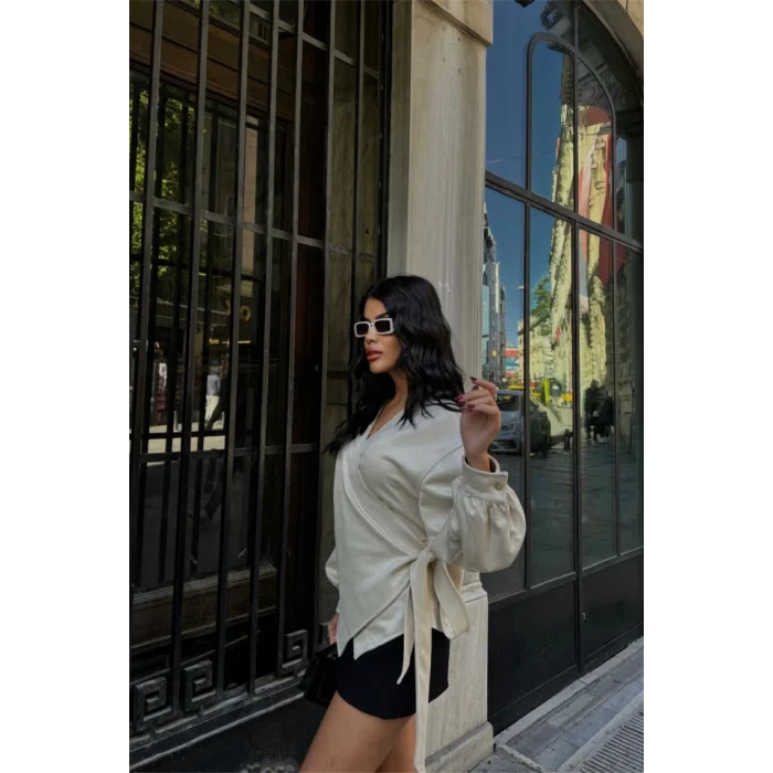 SÜET KRUVAZE BLUZ BAĞLAMA DETAYLI - Taş