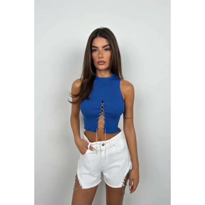 Taş Detay Dekolteli Crop Bluz