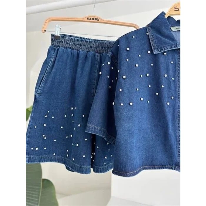 Taş Detaylı Gömlek Şort Denim Takım 10175
