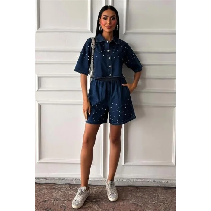 Taş Detaylı Gömlek Şort Denim Takım 10175